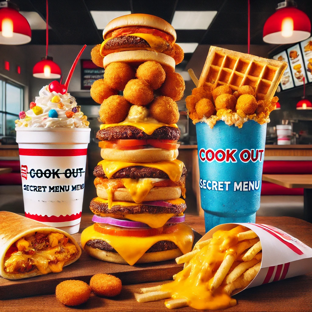 DALL·E 2025 02 07 02.52.55 A vibrant and delicious spread of secret menu items from Cook Out featuring a towering stack of hushpuppy stuffed burgers a massive cheese covered q