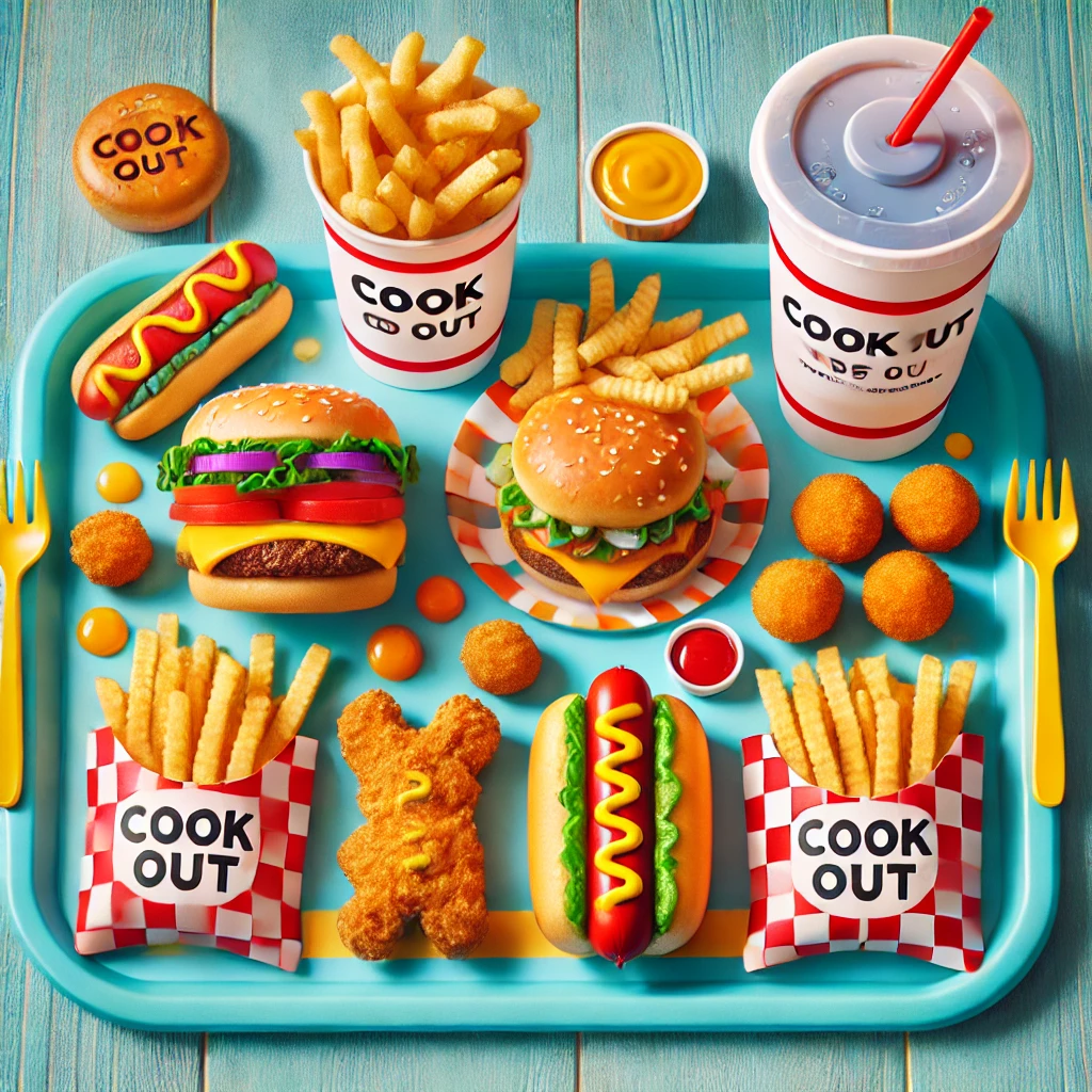 DALL·E 2025 02 07 20.44.20 A fun and colorful Cook Out kids menu spread featuring mini burgers crispy chicken tenders a classic hot dog golden fries hush puppies and a re