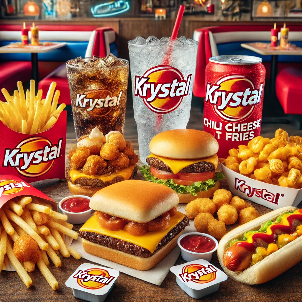 DALL·E 2025 02 07 21.10.05 A delicious and vibrant spread of Krystal menu items featuring their signature square Krystal burgers with cheese crispy golden fries chili cheese