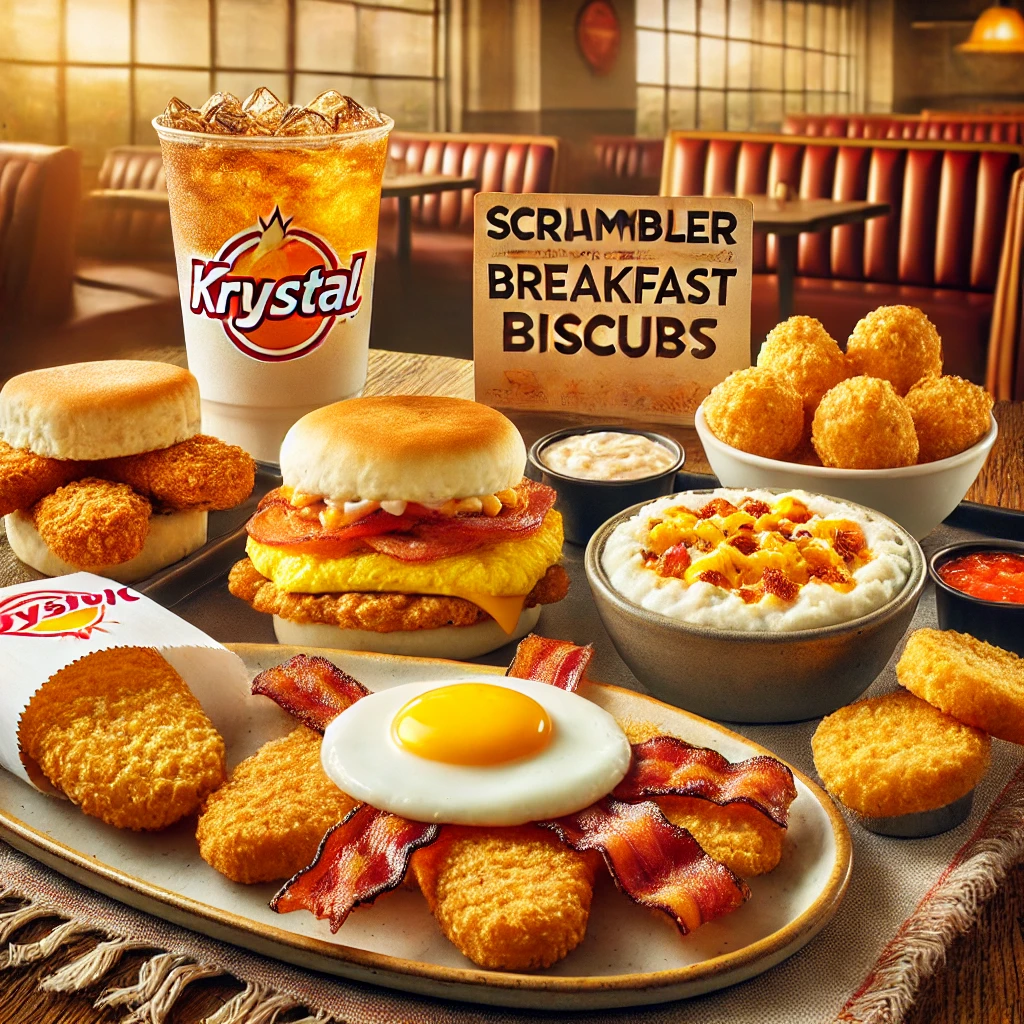 DALL·E 2025 02 07 21.24.46 A delicious and vibrant breakfast spread from Krystal featuring fluffy biscuits with sausage and egg crispy hash browns a Sunriser sandwich a Scra