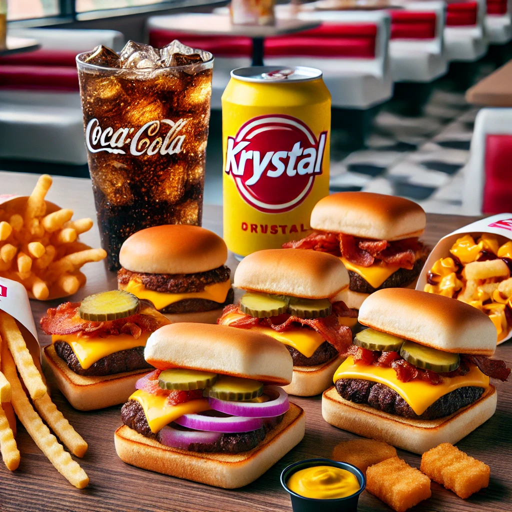 DALL·E 2025 02 08 00.25.03 A delicious and vibrant spread of Krystal burgers featuring their signature small square hamburgers with diced onions mustard and pickles on soft s