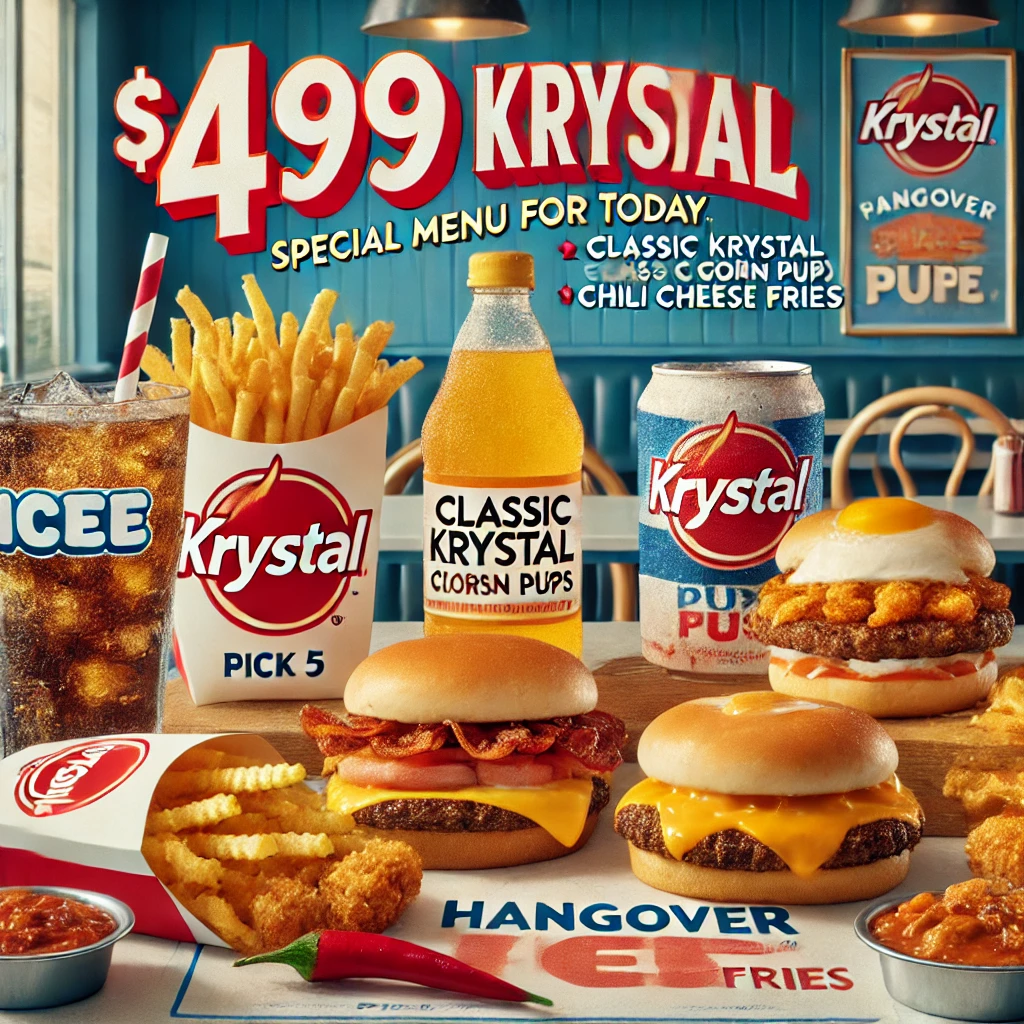 DALL·E 2025 02 08 00.34.33 A vibrant and appetizing spread of Krystals special menu deals for today. The image features a 4.99 meal deal with two classic Krystal burgers a si