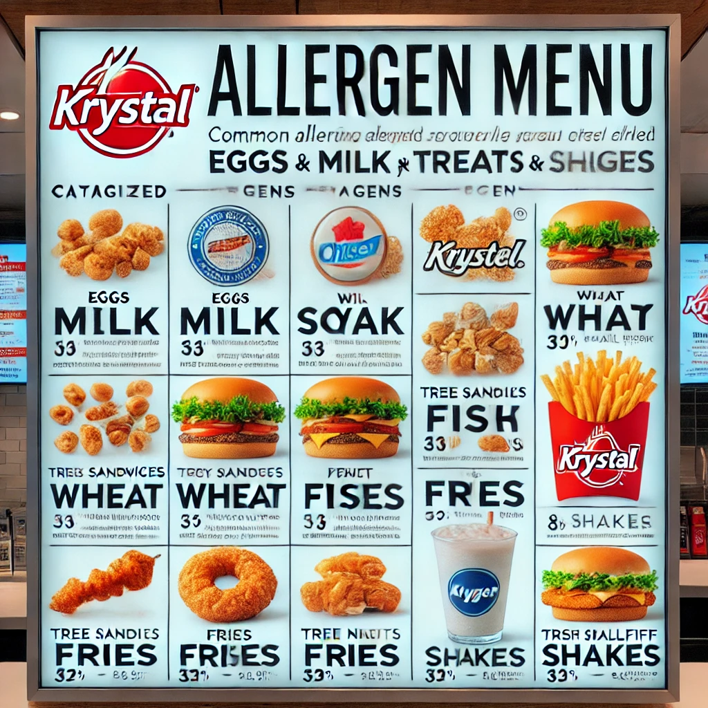 DALL·E 2025 02 08 03.00.02 A detailed and visually informative display of Krystals Allergen Menu. The image includes a categorized chart listing common allergens such as eggs