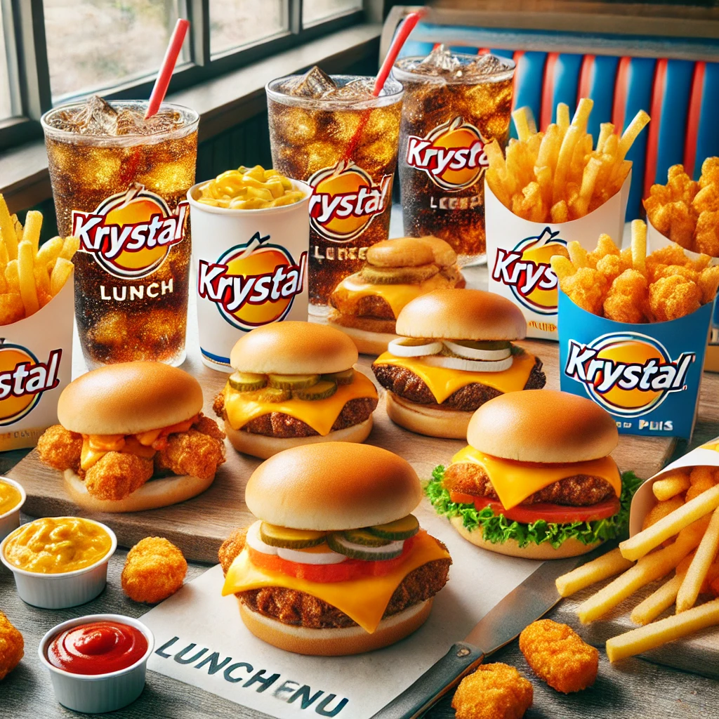 DALL·E 2025 02 08 03.08.30 A vibrant and appetizing spread of Krystals lunch menu featuring their signature small square Krystal burgers with diced onions mustard and pickle