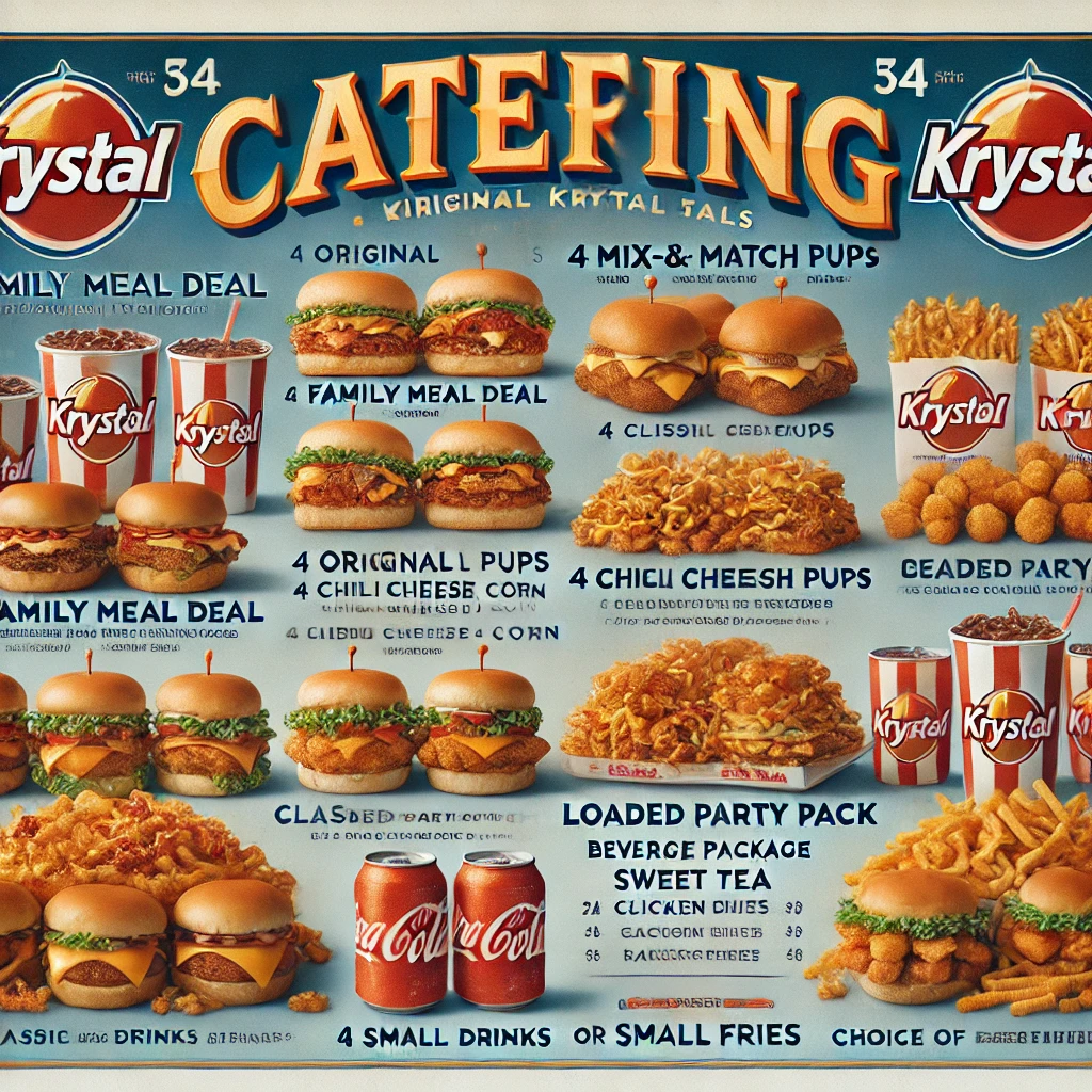 DALL·E 2025 02 08 11.42.06 A visually appealing catering menu for Krystal showcasing their catering options. The menu includes 1. Family Meal Deal – 4 Original Krystals