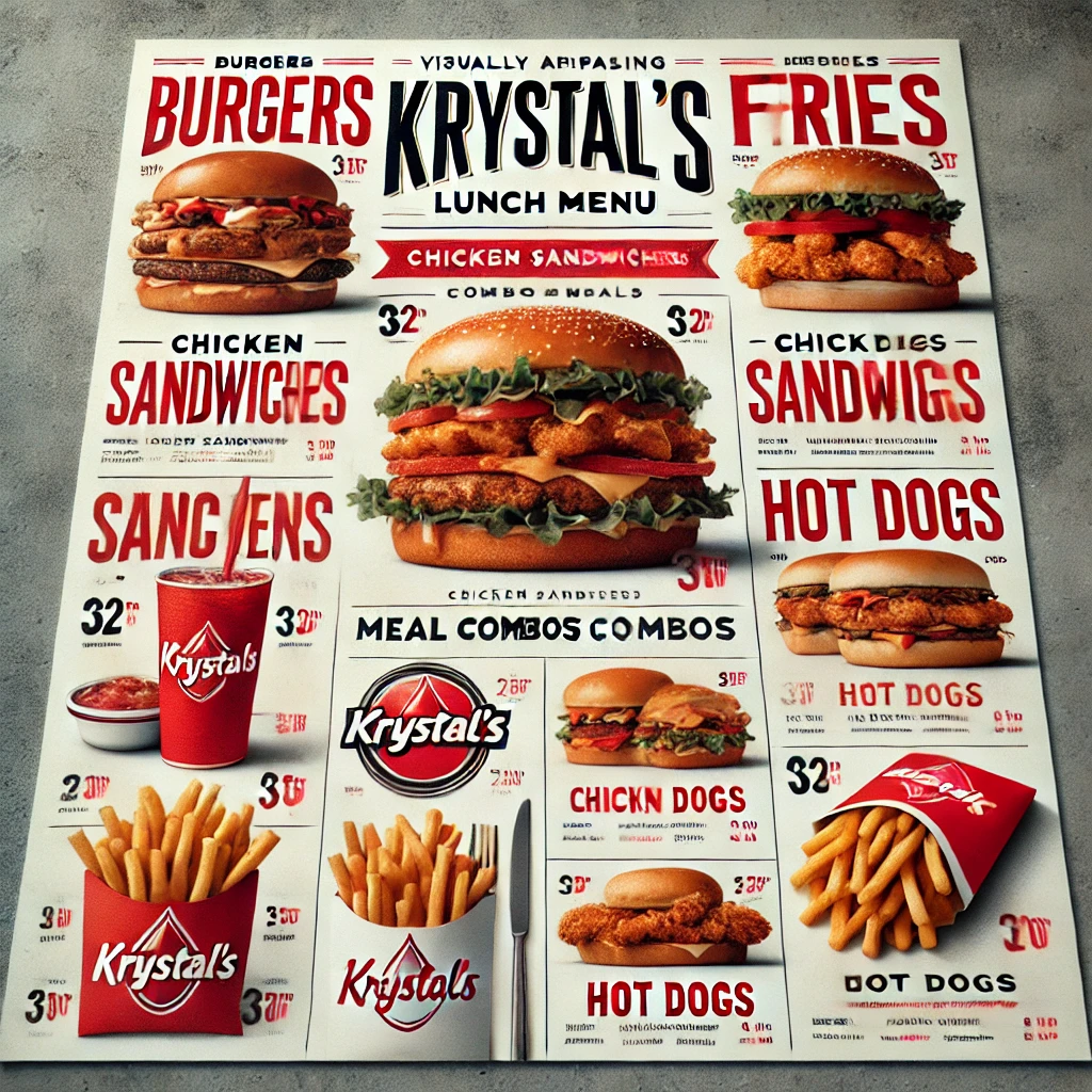 DALL·E 2025 02 08 13.23.26 A visually appealing lunch menu for Krystals featuring items like burgers fries chicken sandwiches hot dogs and combo meals. The menu has a mode