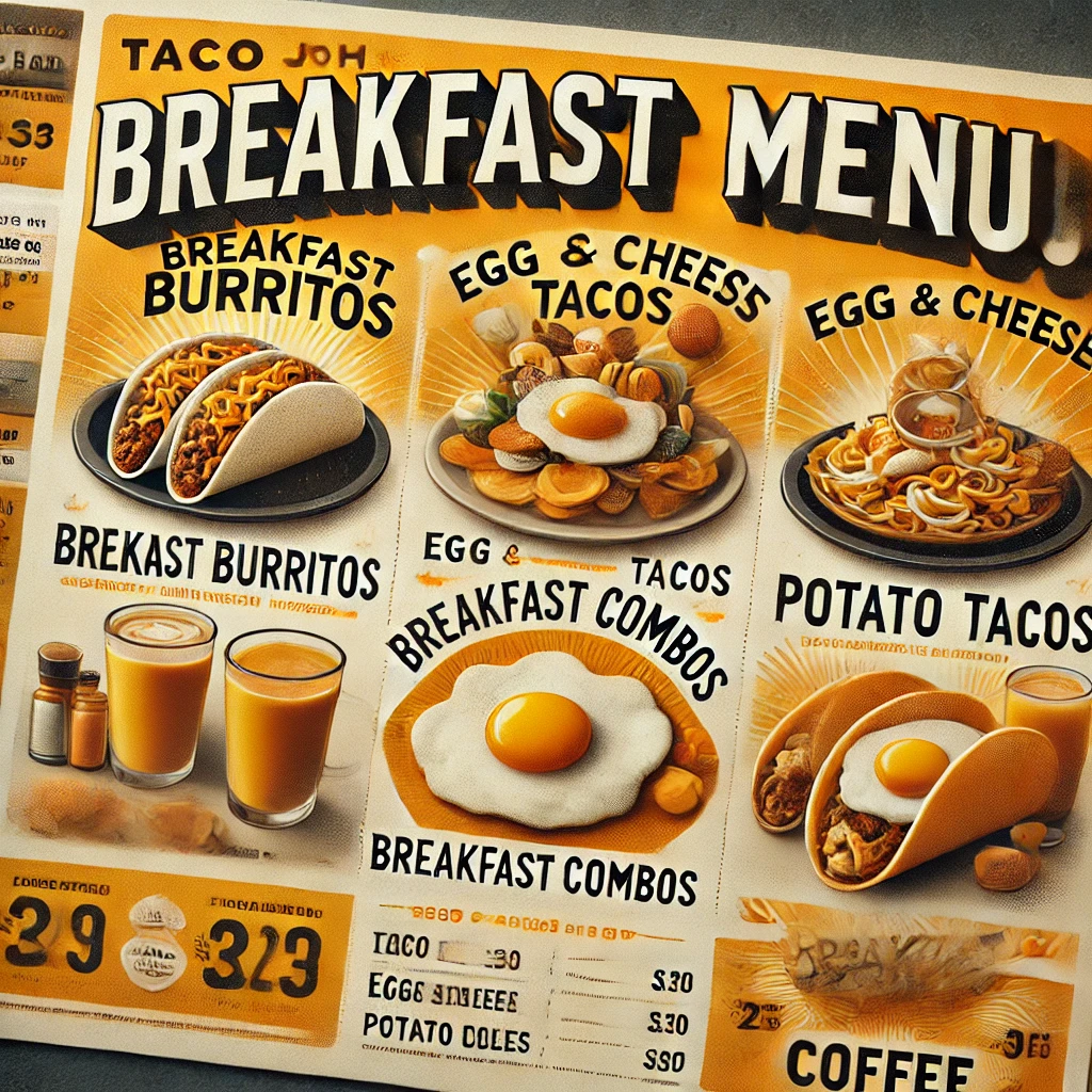 DALL·E 2025 02 08 14.19.32 A visually appealing breakfast menu for Taco Johns featuring items like breakfast burritos egg and cheese tacos potato oles breakfast combos and 1