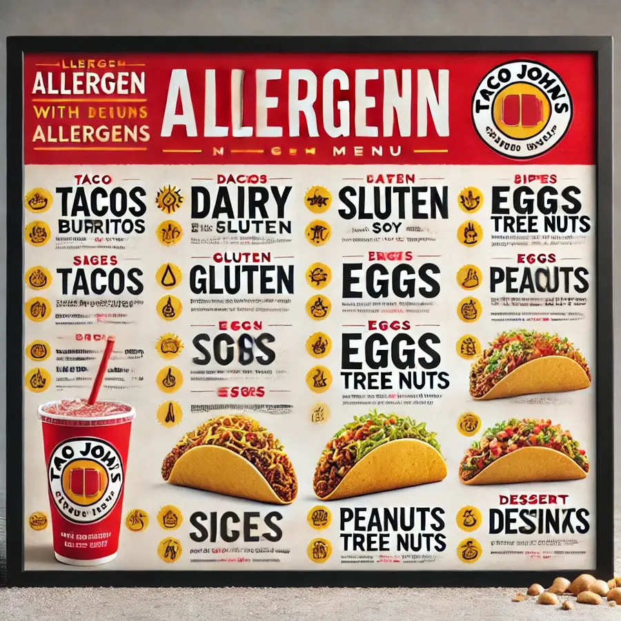 DALL·E 2025 02 09 11.45.19 A visually appealing Taco Johns Allergen Menu clearly listing menu items with allergen information such as dairy gluten soy eggs peanuts and tr 1