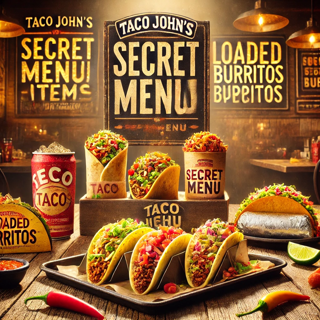 DALL·E 2025 02 09 12.01.56 A visually appealing image of Taco Johns secret menu items featuring unique and creative tacos loaded burritos and off menu specialties. The scene