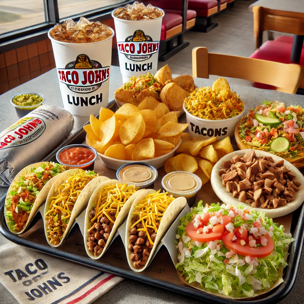 DALL·E 2025 02 09 12.02.39 A delicious Taco Johns lunch menu display featuring a variety of tacos burritos and crispy potato oles. The setting is a bright casual restaurant