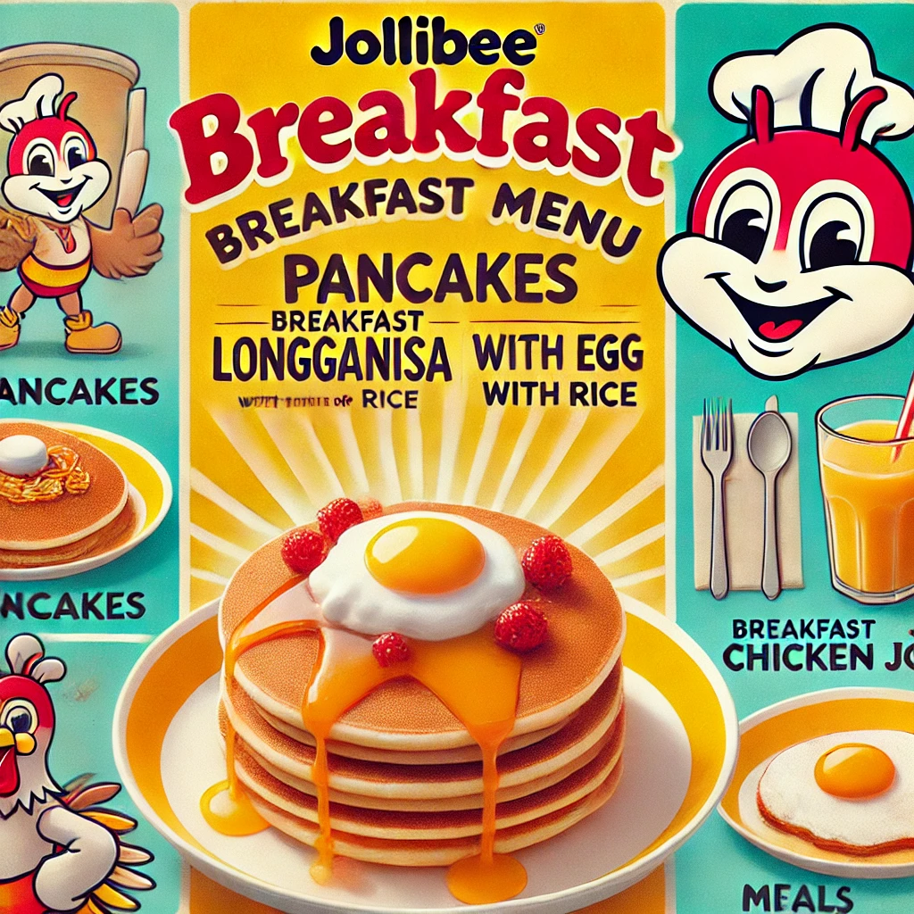 DALL·E 2025 02 09 16.11.21 A Jollibee breakfast menu featuring images of classic breakfast meals such as pancakes breakfast chickenjoy longganisa with rice and egg meals. The 1