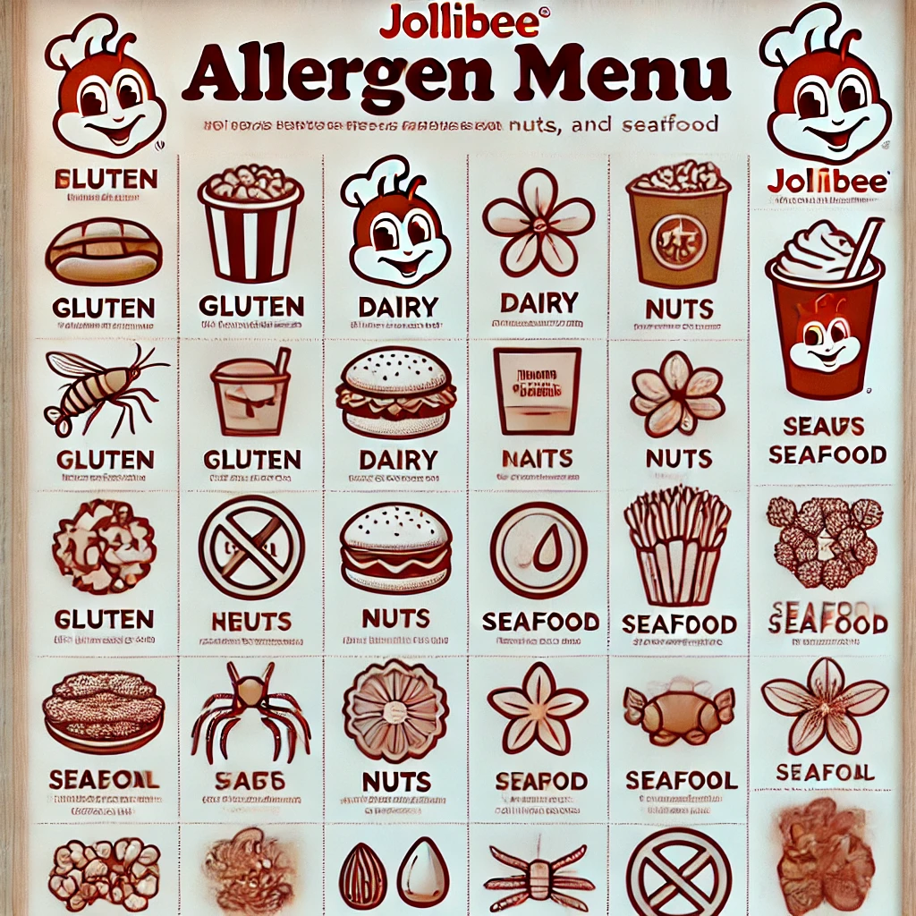 DALL·E 2025 02 09 16.20.06 A Jollibee allergen menu chart displaying different food items along with allergen information such as gluten dairy nuts and seafood. The menu is o