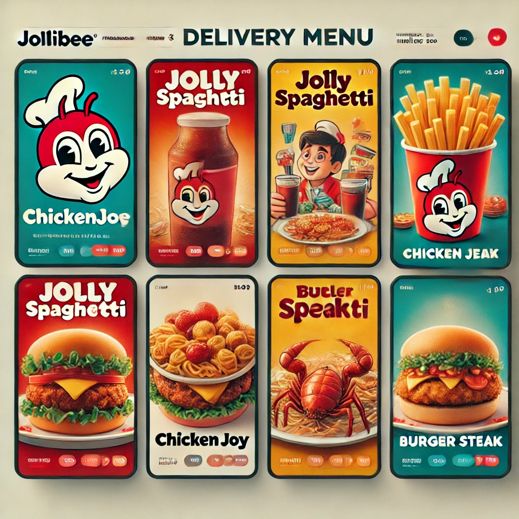 DALL·E 2025 02 09 16.31.41 A Jollibee delivery menu with images of popular items like Chickenjoy Jolly Spaghetti and Burger Steak. The menu is designed for online ordering wi