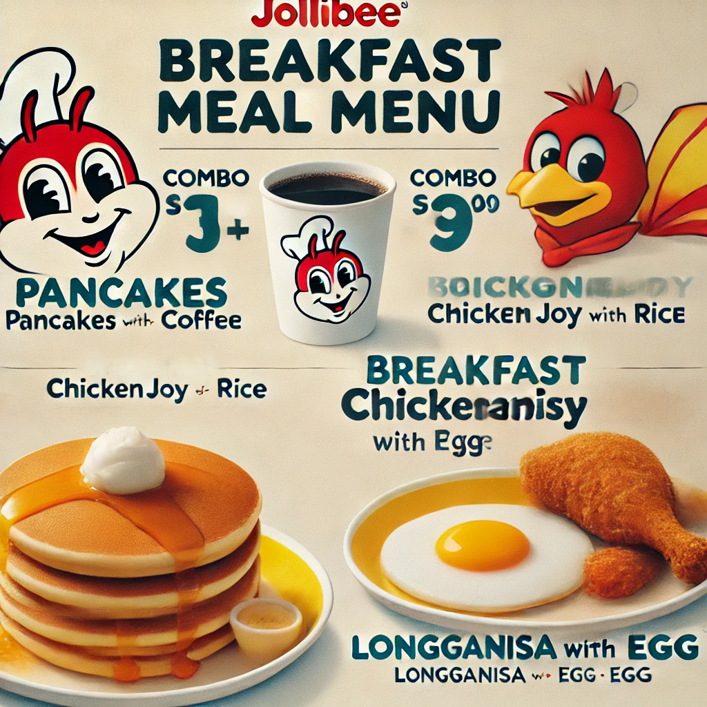 DALL·E 2025 02 09 16.45.55 A Jollibee breakfast meal menu displaying various combo options including pancakes with coffee breakfast chickenjoy with rice and longganisa with e