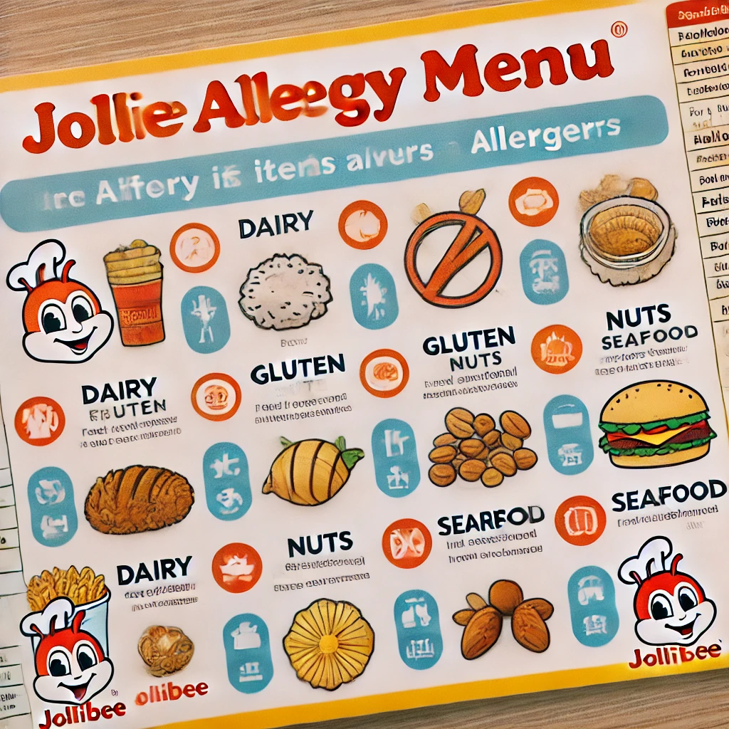 DALL·E 2025 02 09 17.02.06 A Jollibee allergy menu displaying a chart with different food items and their allergens including dairy gluten nuts and seafood. The menu is stru