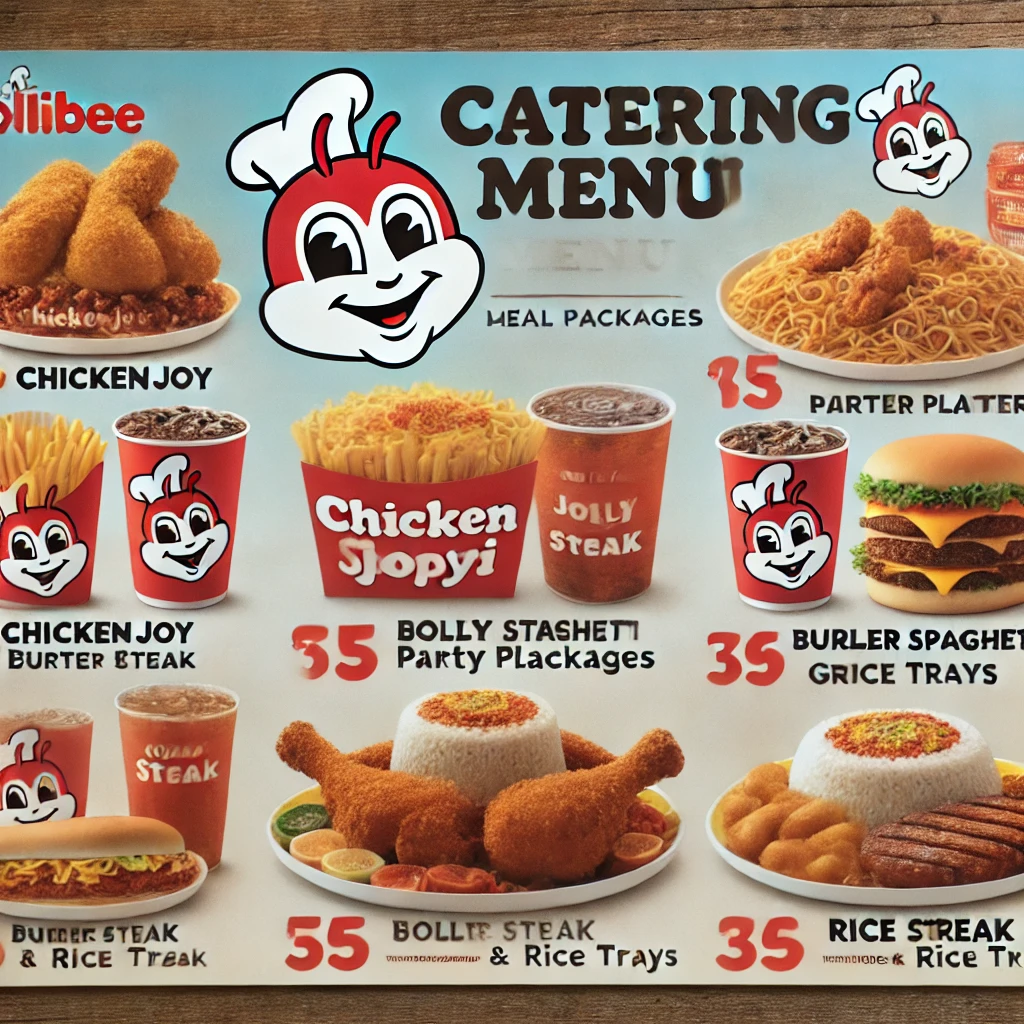 DALL·E 2025 02 09 17.11.42 A Jollibee catering menu showcasing large meal packages party platters and group meal options. The menu is well organized featuring images of big s