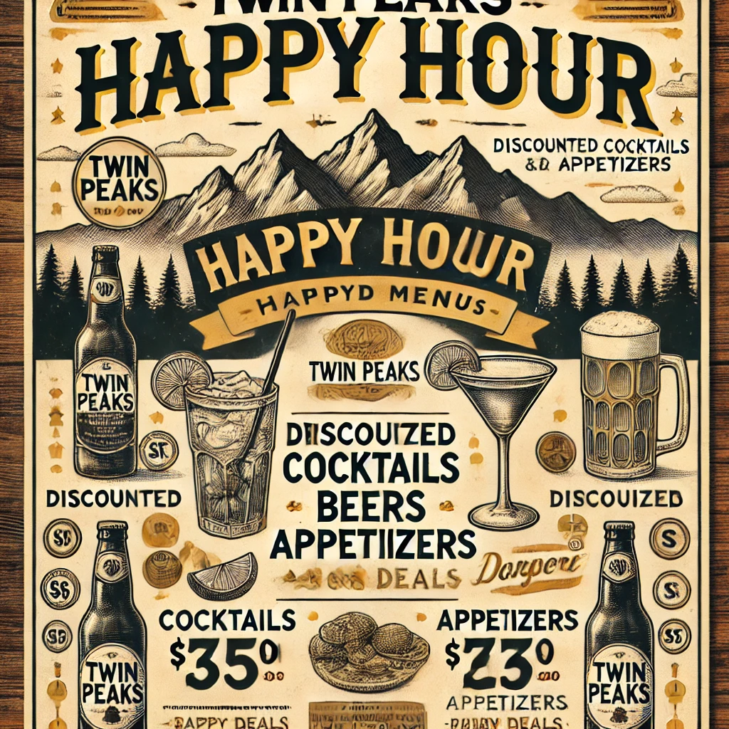 DALL·E 2025 02 10 14.04.16 A Twin Peaks happy hour menu featuring discounted cocktails beers appetizers and special deals with a warm and inviting rustic themed background