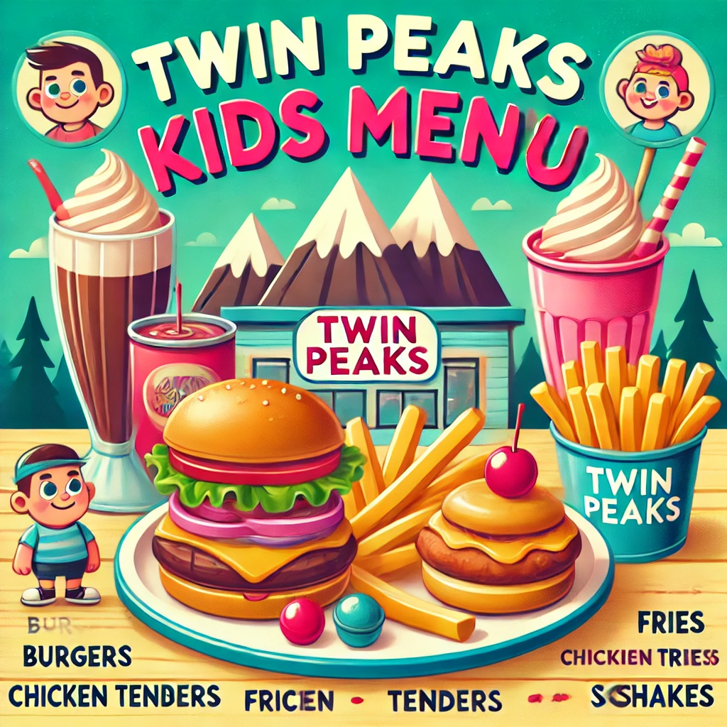 DALL·E 2025 02 10 14.25.00 A Twin Peaks kids menu featuring fun and colorful design with child friendly meal options including burgers fries chicken tenders and milkshakes