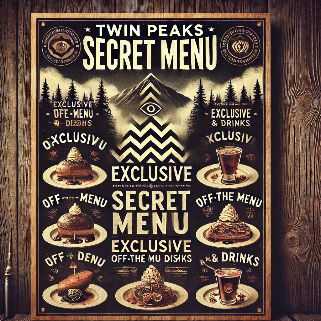 DALL·E 2025 02 10 15.21.42 A Twin Peaks secret menu featuring exclusive off the menu dishes and drinks displayed on a rustic wood themed background with a mysterious and styli