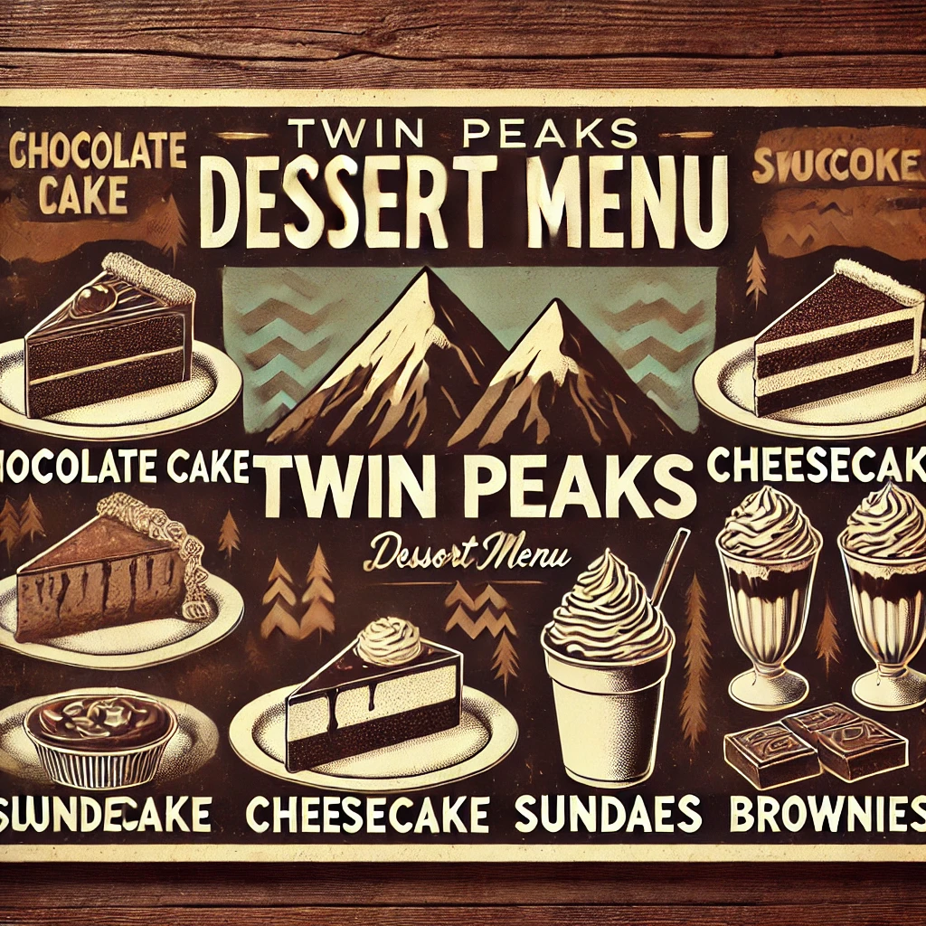 DALL·E 2025 02 10 16.31.02 A Twin Peaks dessert menu featuring a variety of sweet treats such as chocolate cake cheesecake sundaes and brownies displayed with a rustic wood