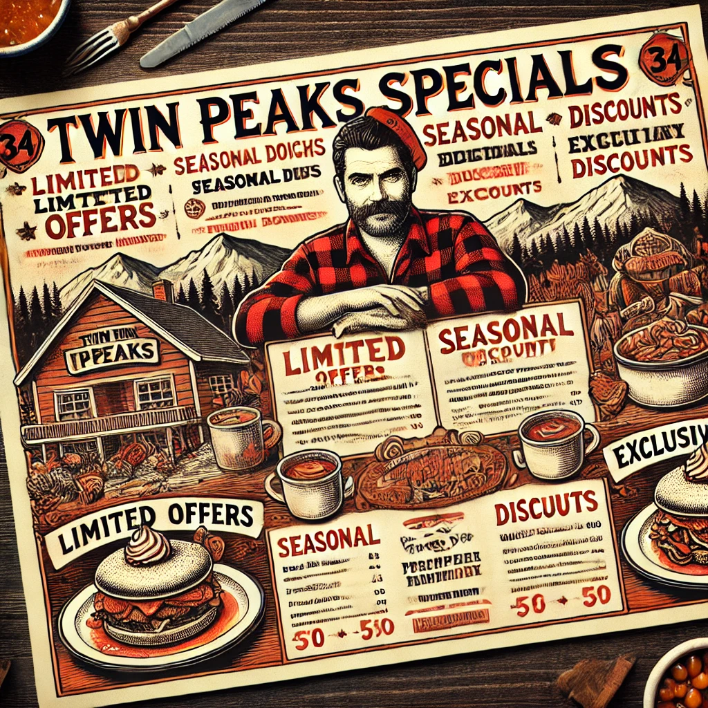 DALL·E 2025 02 10 16.31.28 A Twin Peaks menu specials page featuring limited time offers seasonal dishes and exclusive discounts displayed on a rustic themed background with