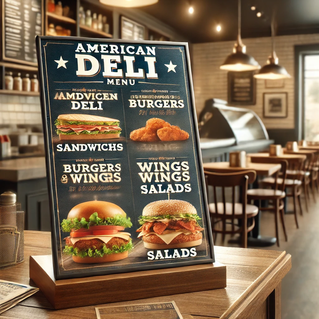 DALL·E 2025 02 11 12.10.24 A realistic image of an American Deli menu displayed on a restaurant counter. The menu features a variety of classic American deli items such as sandw