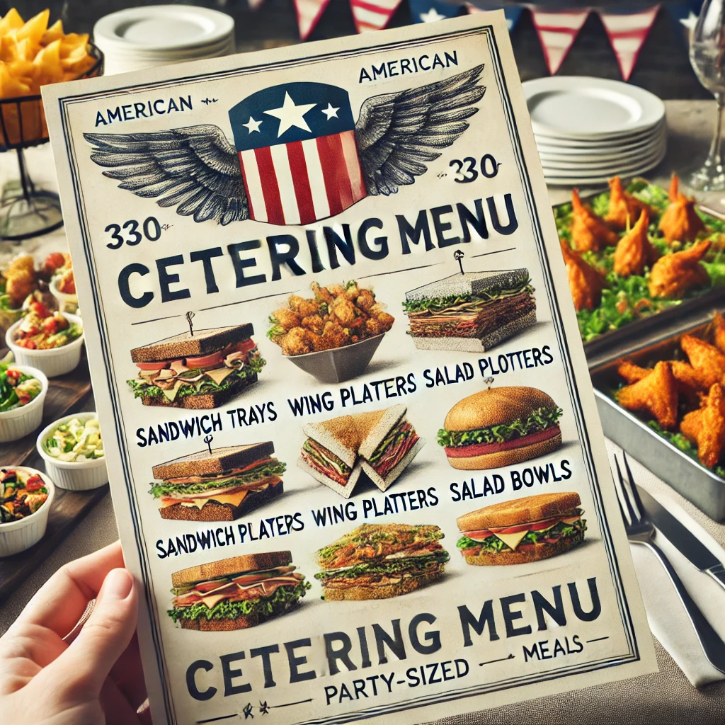 DALL·E 2025 02 11 12.15.11 A catering menu for an American Deli featuring a variety of platters including sandwich trays wing platters salad bowls and party sized meals. The