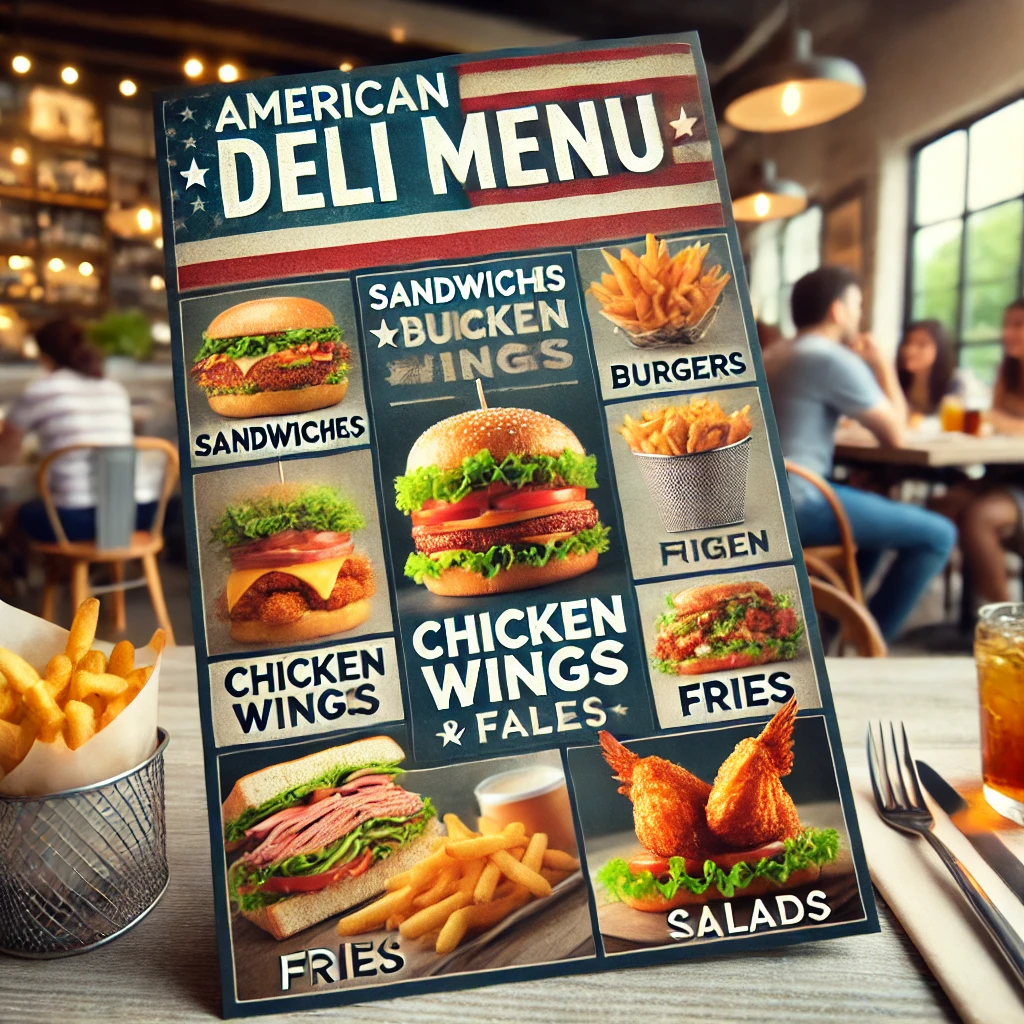 DALL·E 2025 02 11 13.04.53 An American Deli food menu displayed on a restaurant table featuring a variety of items like sandwiches burgers chicken wings fries and salads. T