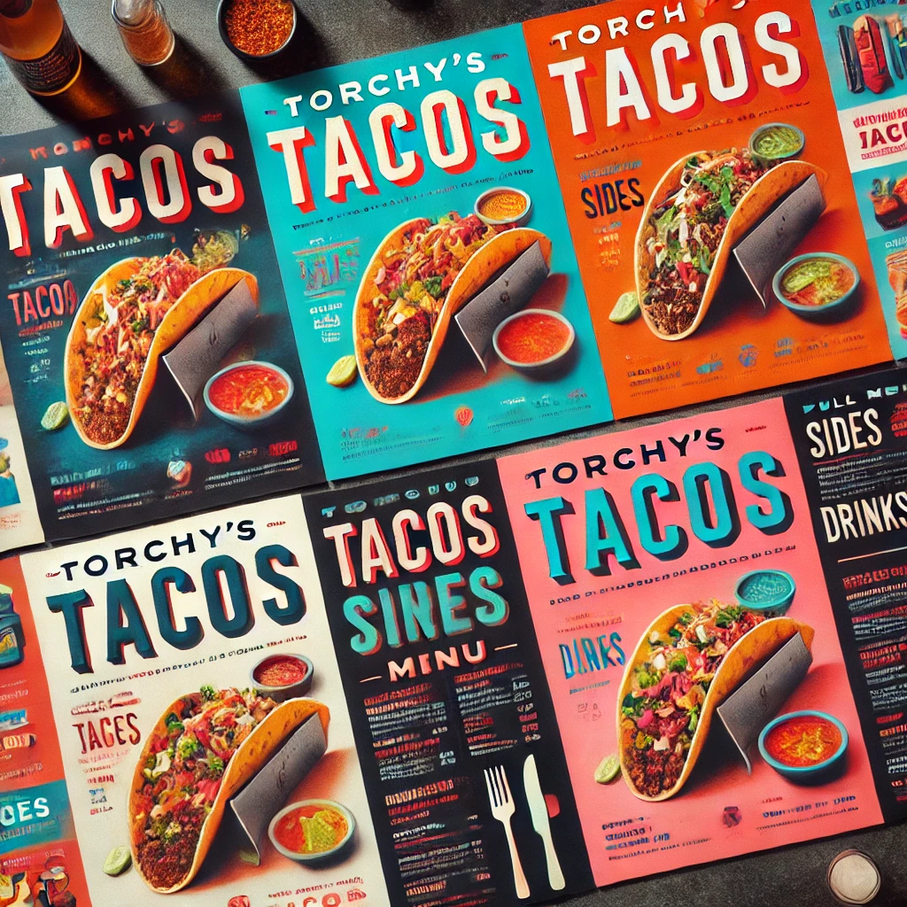 DALL·E 2025 02 11 15.45.22 A vibrant menu design featuring the full menu of Torchys Tacos showcasing their signature tacos sides and drinks. The menu is visually engaging wi