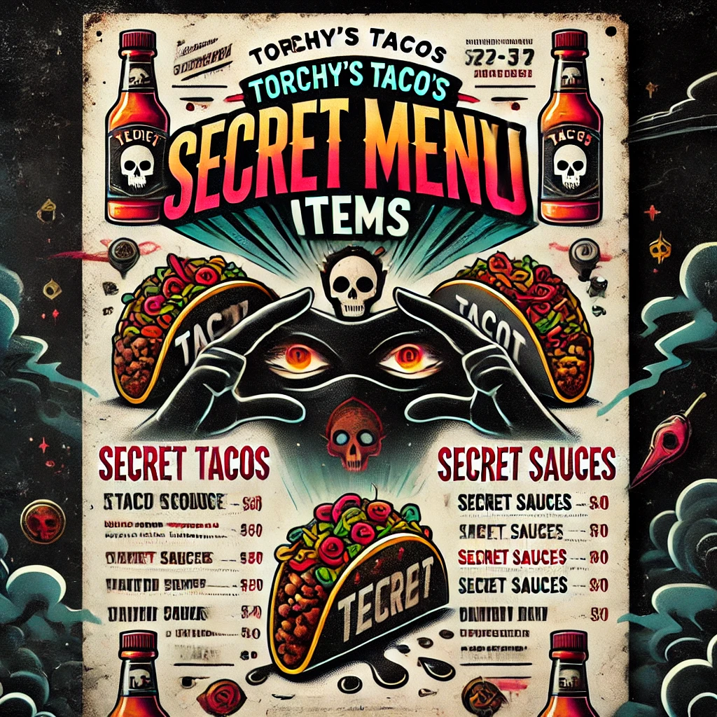 DALL·E 2025 02 11 15.49.01 A creative and visually appealing menu design featuring Torchys Tacos secret menu items. The menu has a mysterious and exclusive look with unique an