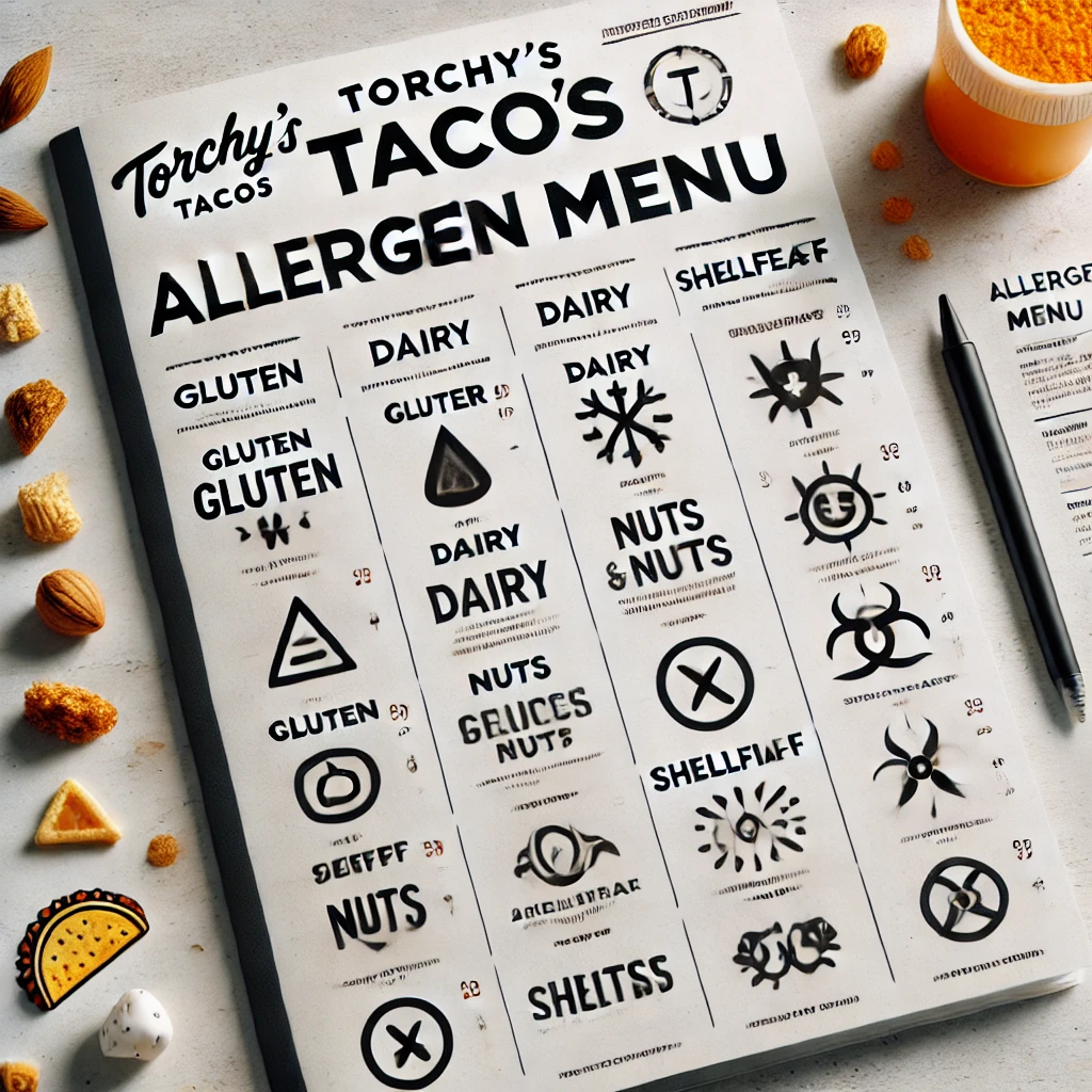 DALL·E 2025 02 11 16.37.42 A clean and well organized menu design featuring Torchys Tacos allergen menu. The menu clearly lists allergens such as gluten dairy nuts and shell