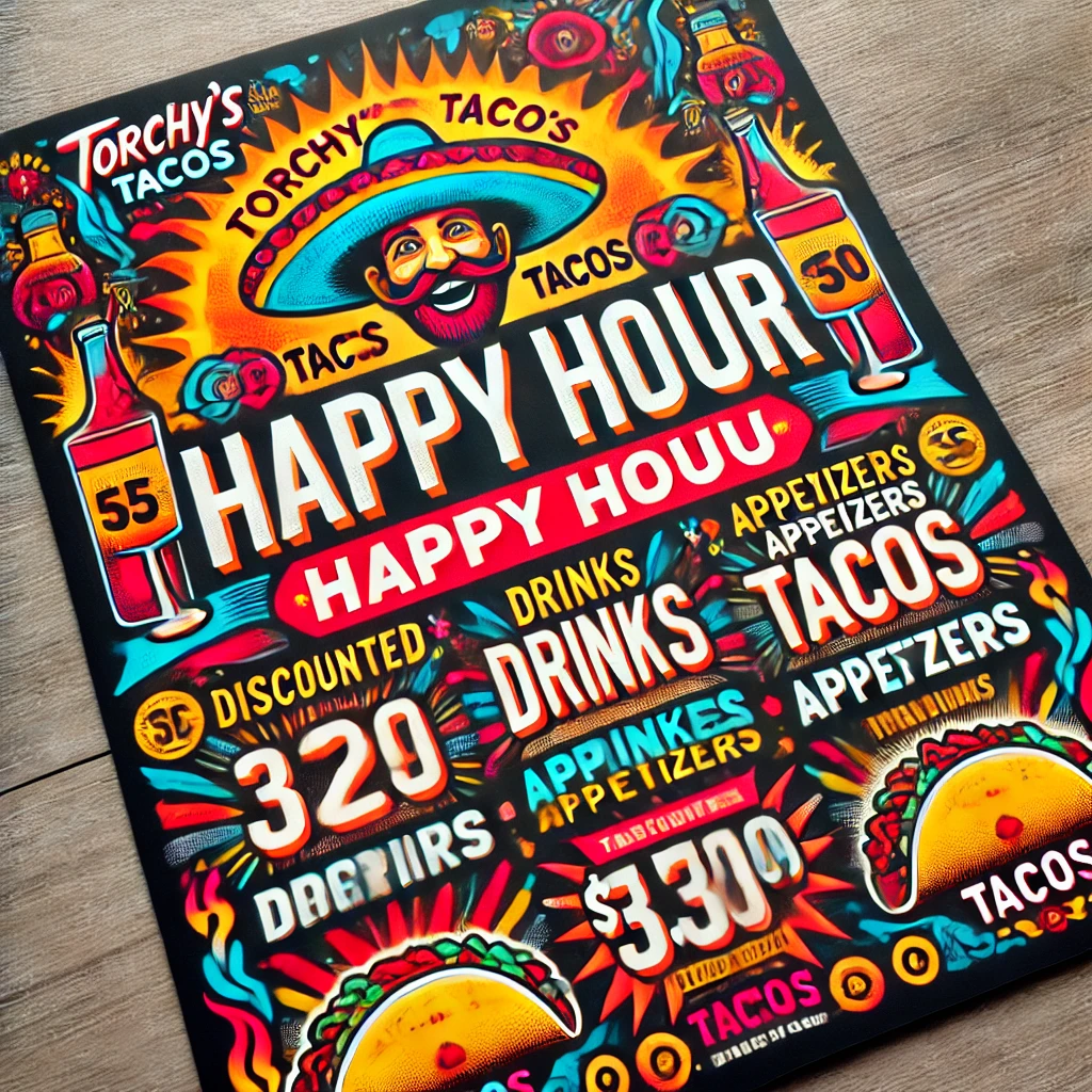 DALL·E 2025 02 11 17.22.01 A lively and vibrant menu design featuring Torchys Tacos happy hour menu. The menu highlights discounted drinks appetizers and tacos available duri