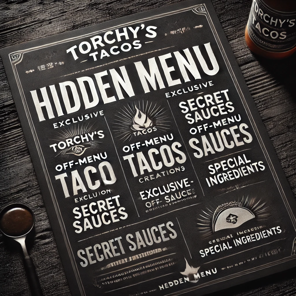 DALL·E 2025 02 11 17.28.40 A sleek and mysterious menu design featuring Torchys Tacos hidden menu. The menu showcases exclusive off menu taco creations secret sauces and spe