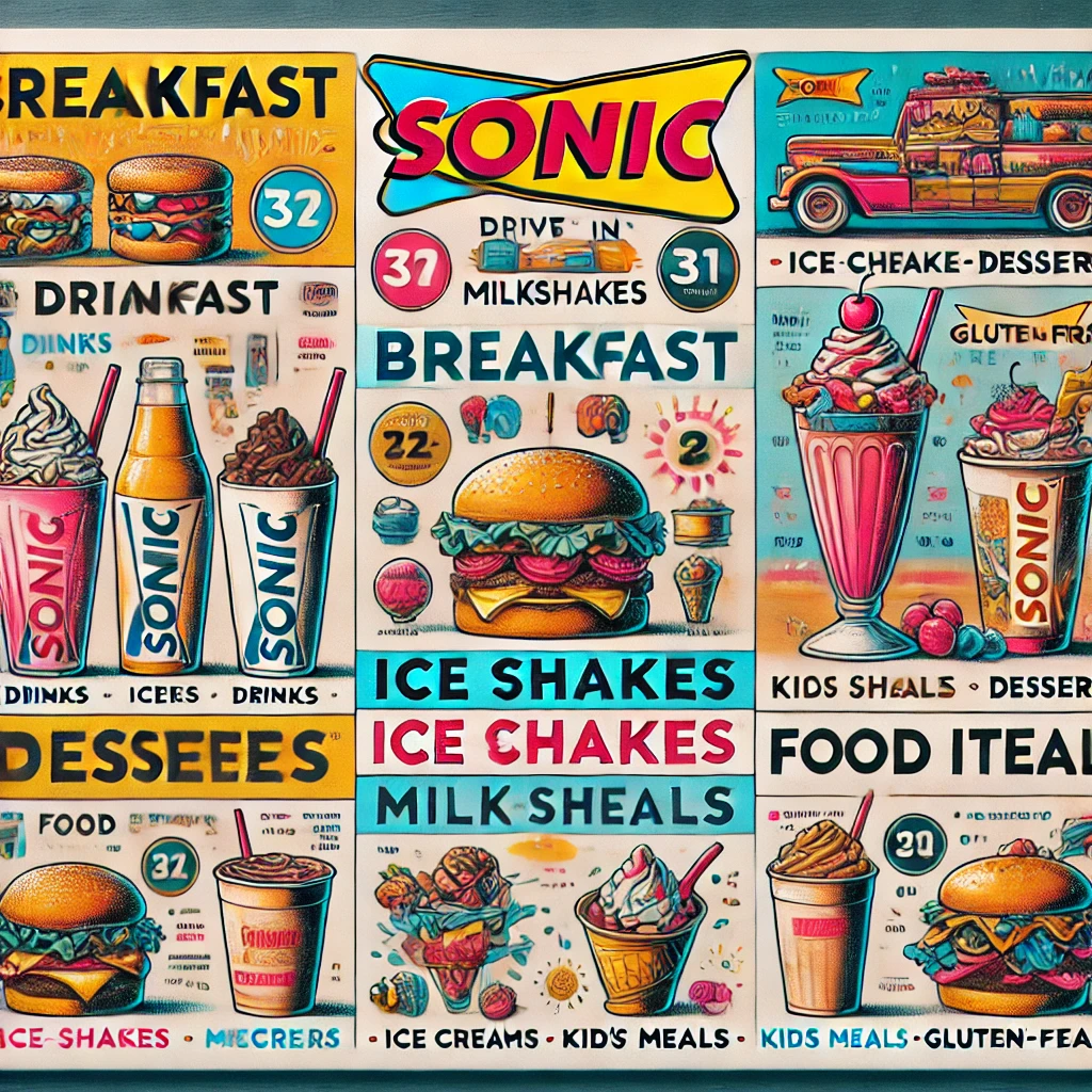 DALL·E 2025 02 13 15.48.57 A visually appealing menu for Sonic Drive In displaying various sections such as breakfast drinks ice cream milkshakes desserts food items burg