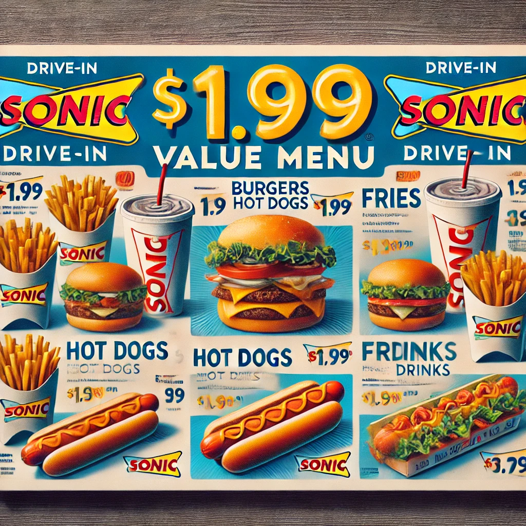 DALL·E 2025 02 13 15.57.38 A Sonic Drive In menu showcasing the 1.99 value menu. Display affordable meal options such as burgers hot dogs fries and drinks with clearly marke