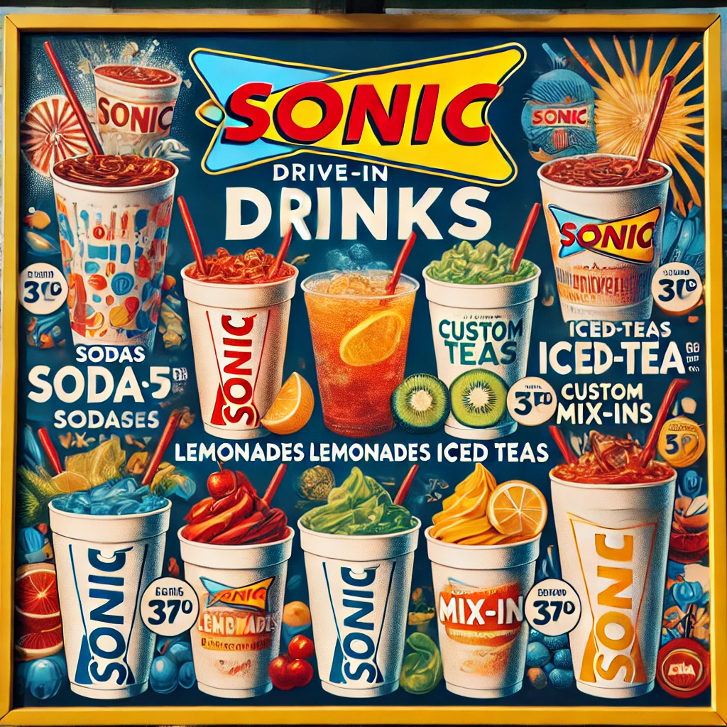 DALL·E 2025 02 13 16.03.56 A Sonic Drive In menu dedicated to drinks featuring sodas lemonades iced teas and custom mix ins. Vibrant images of colorful drinks in cups with S