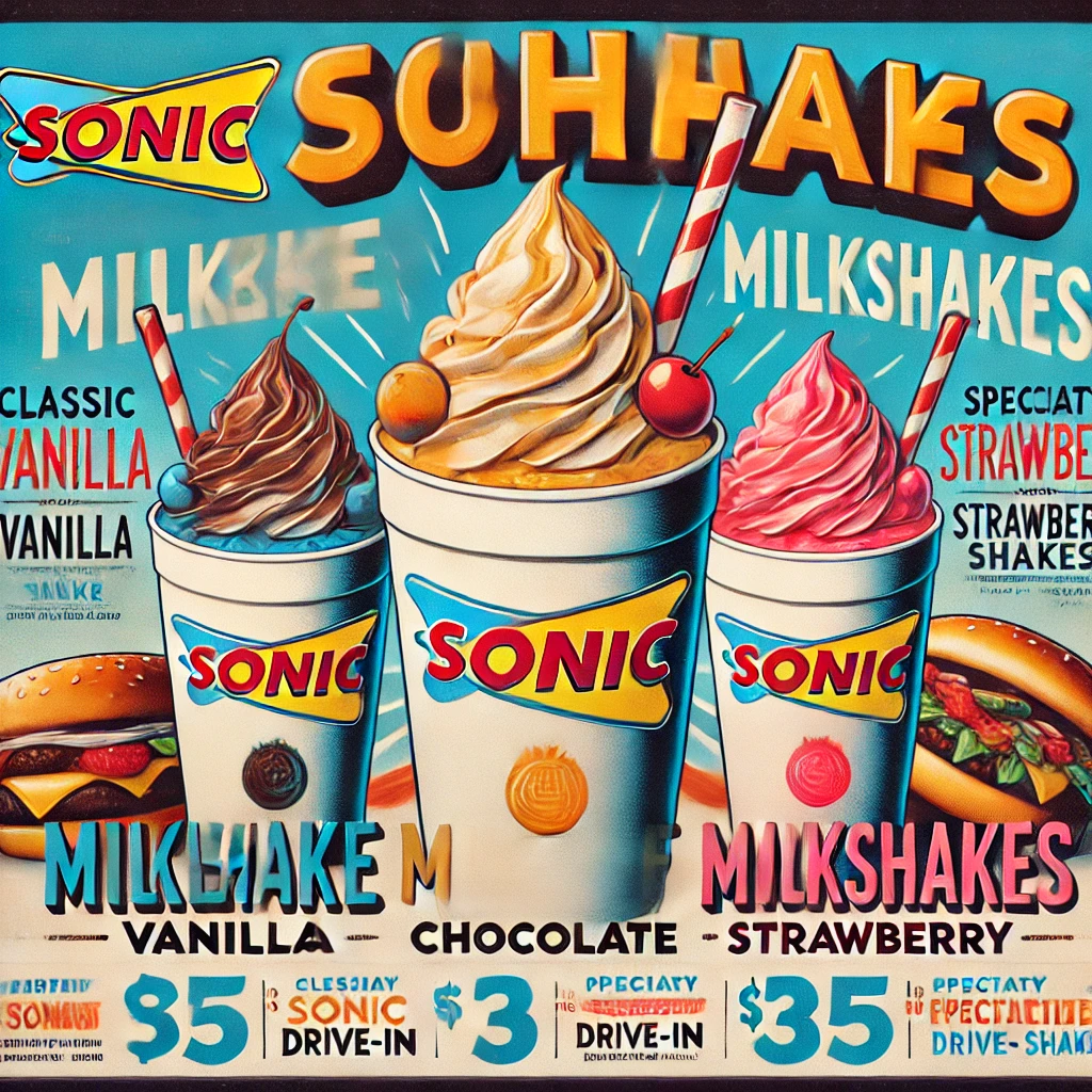 DALL·E 2025 02 13 16.57.57 A Sonic Drive In menu featuring milkshakes including classic flavors like vanilla chocolate and strawberry as well as specialty shakes. Vibrant h