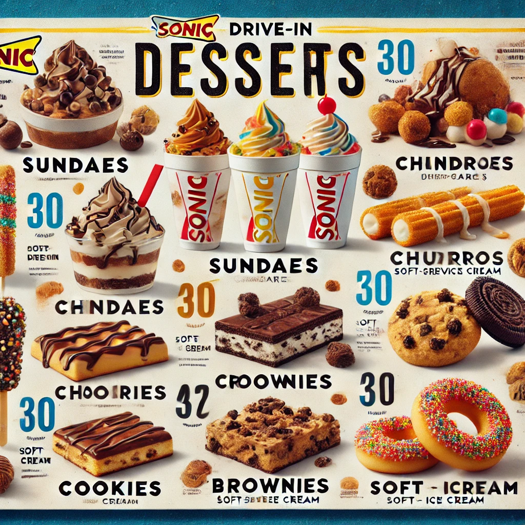 DALL·E 2025 02 16 01.02.27 A Sonic Drive In menu dedicated to desserts featuring items such as sundaes churros cookies brownies and soft serve ice cream. High quality image