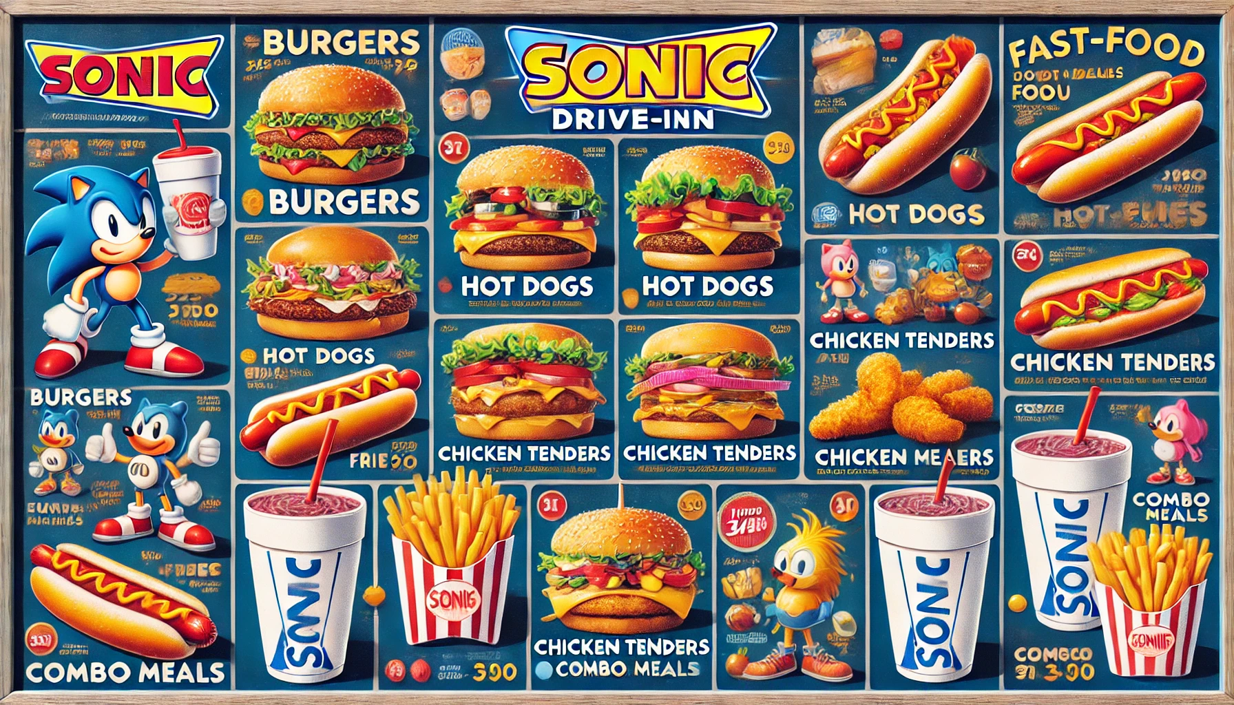 DALL·E 2025 02 16 01.10.32 A detailed Sonic Drive In food menu showcasing a variety of fast food items including burgers hot dogs fries chicken tenders and combo meals. The