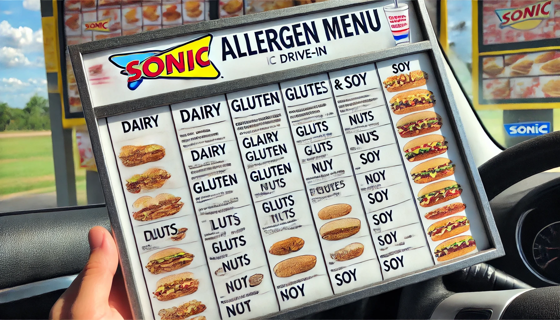 DALL·E 2025 02 16 12.28.55 A well organized Sonic Drive In allergen menu displaying food items categorized by common allergens such as dairy gluten nuts and soy. The menu is