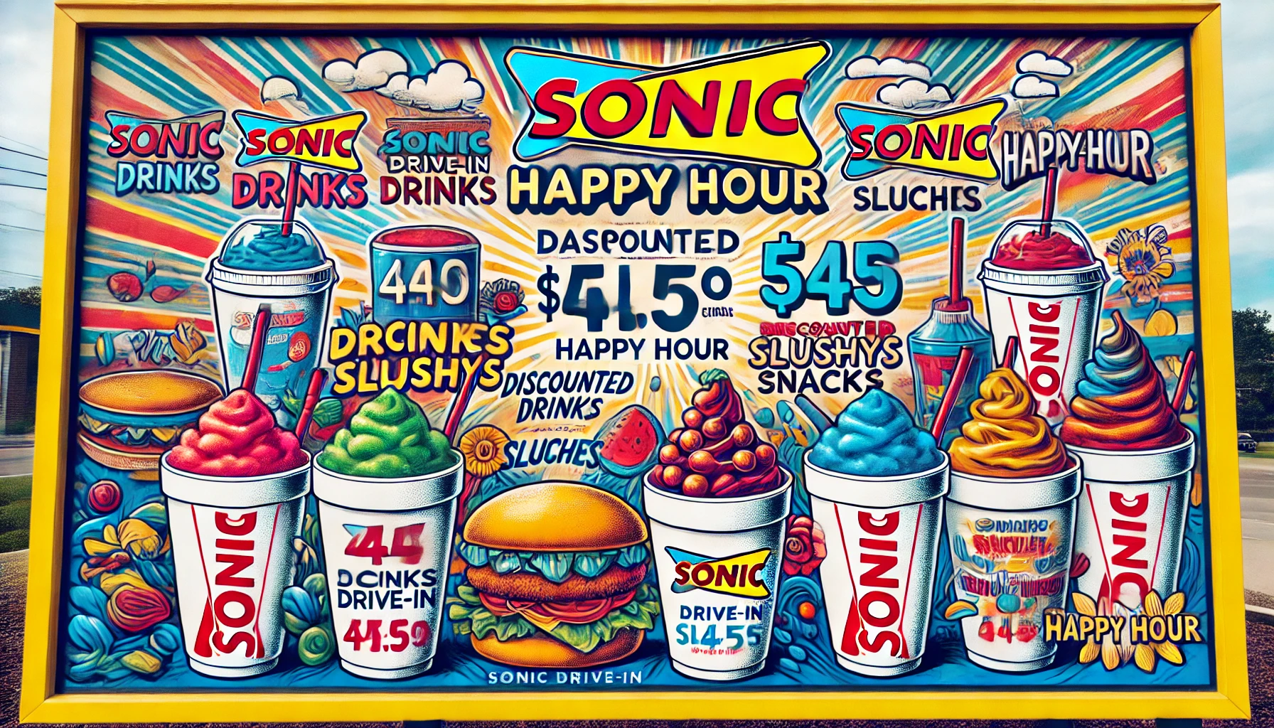 DALL·E 2025 02 16 13.58.03 A visually appealing Sonic Drive In Happy Hour menu showcasing discounted drinks slushies and snacks available during happy hour. The menu is colorf