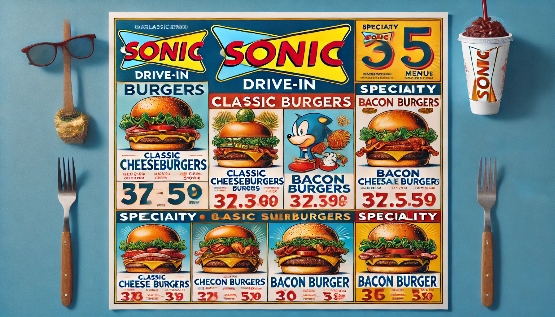 DALL·E 2025 02 16 15.10.39 A visually appealing Sonic Drive In burger menu showcasing a variety of burgers including classic cheeseburgers bacon burgers and specialty burgers