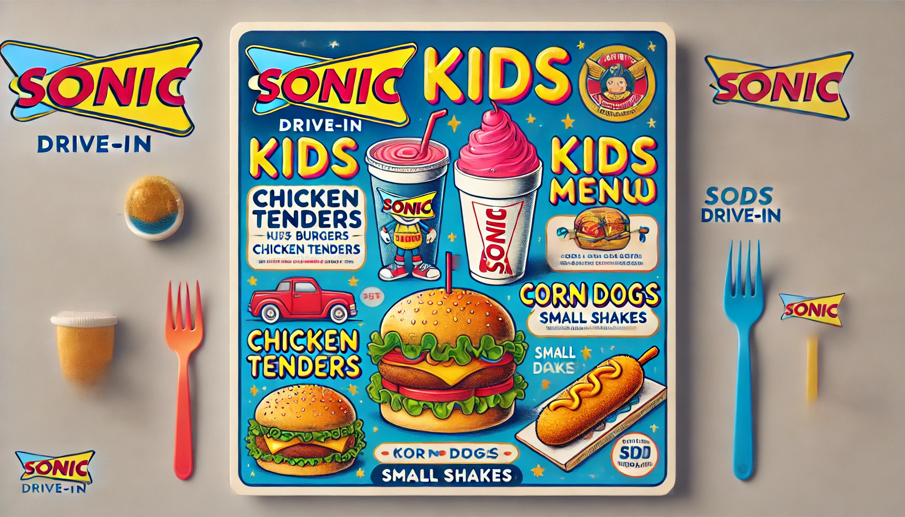 DALL·E 2025 02 16 16.35.08 A visually appealing Sonic Drive In kids menu featuring fun meal options such as kids burgers chicken tenders corn dogs and small milkshakes. The