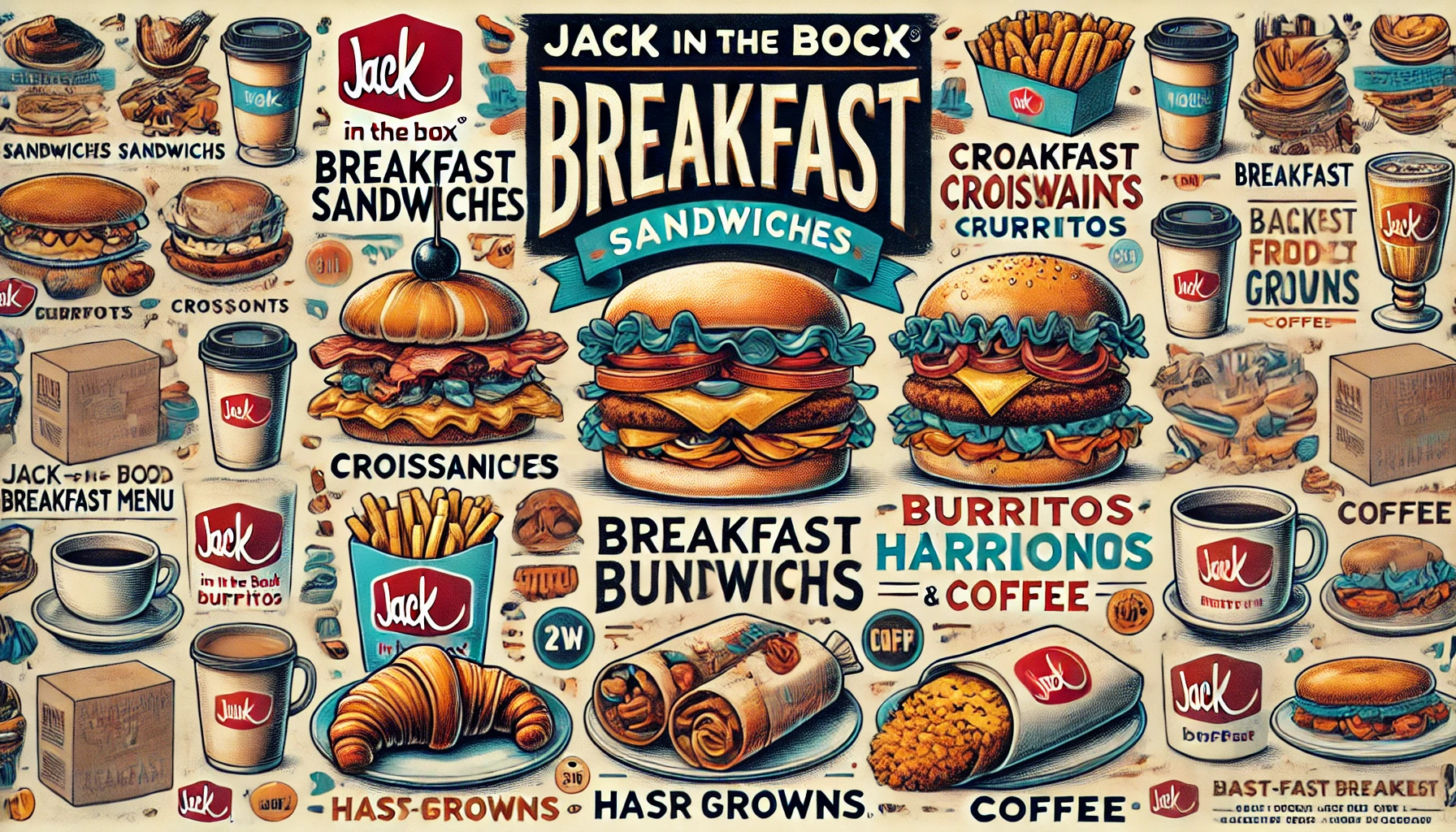 DALL·E 2025 02 16 16.53.02 A visually appealing Jack in the Box breakfast menu featuring breakfast sandwiches croissants burritos hash browns and coffee. The menu is well or