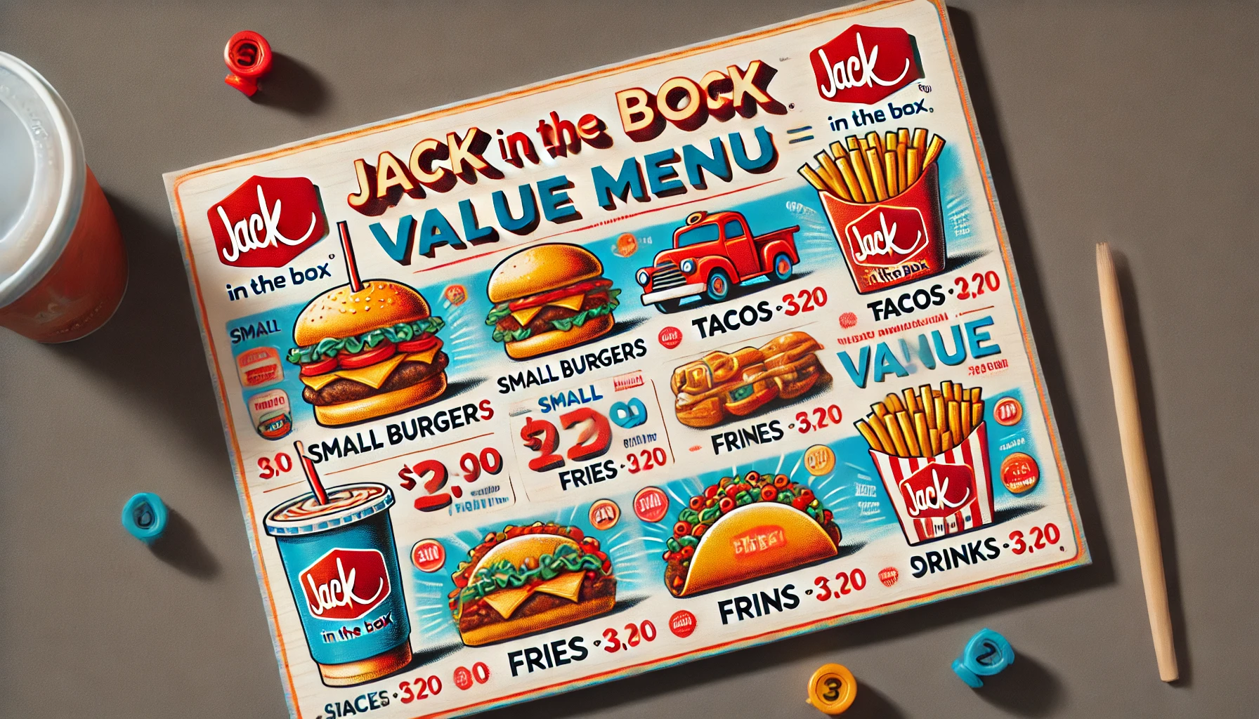 DALL·E 2025 02 16 17.03.30 A visually appealing Jack in the Box value menu showcasing budget friendly food options such as small burgers tacos fries drinks and snack items.