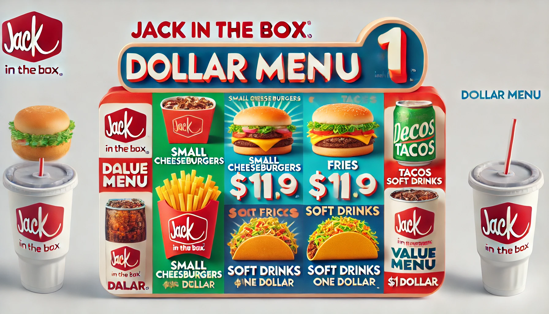 DALL·E 2025 02 16 17.05.48 A visually appealing Jack in the Box dollar menu featuring affordable items such as small cheeseburgers fries tacos soft drinks and snacks all pr