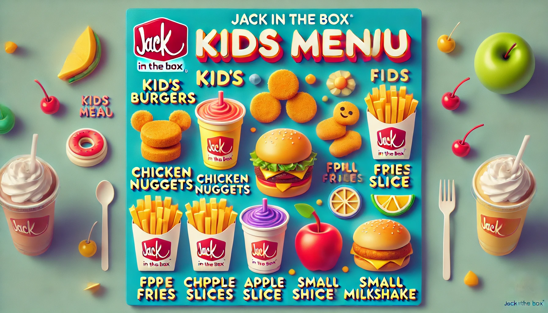 DALL·E 2025 02 17 13.00.41 A visually appealing Jack in the Box kids menu featuring fun meal options such as kids burgers chicken nuggets fries apple slices and small milks