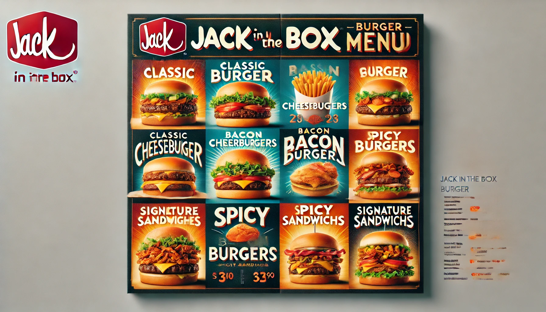 DALL·E 2025 02 17 13.04.35 A visually appealing Jack in the Box burger menu showcasing a variety of burgers including classic cheeseburgers bacon burgers spicy burgers and s