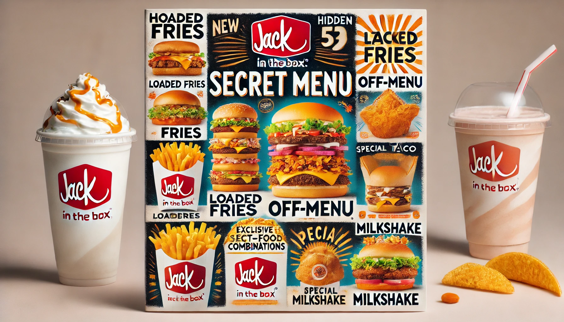 DALL·E 2025 02 17 13.07.51 A visually appealing Jack in the Box secret menu showcasing hidden and off menu items such as loaded fries stacked burgers unique taco combinations