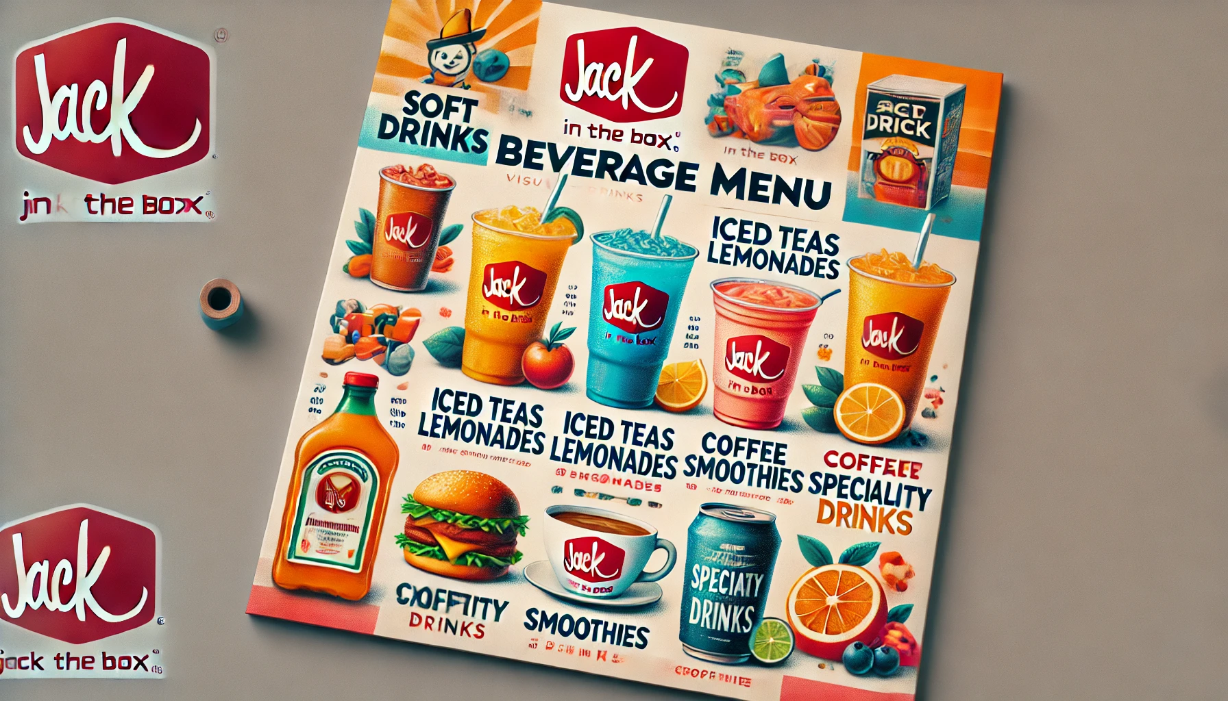 DALL·E 2025 02 17 14.00.29 A visually appealing Jack in the Box beverage menu featuring a selection of soft drinks iced teas lemonades coffee smoothies and specialty drinks